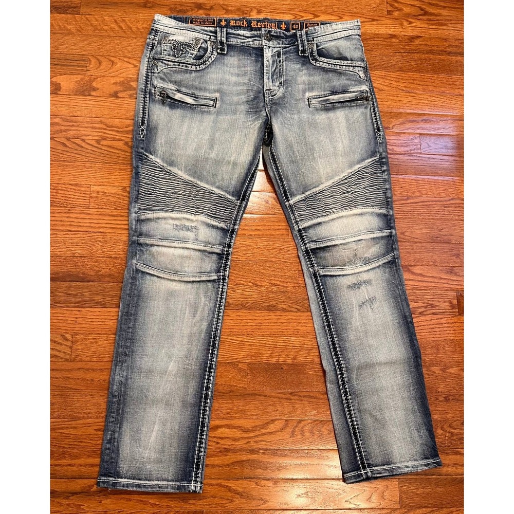 Rock Revival Gilmore Biker Jeans Mens 40x33 Blue Distressed Moto Embellished